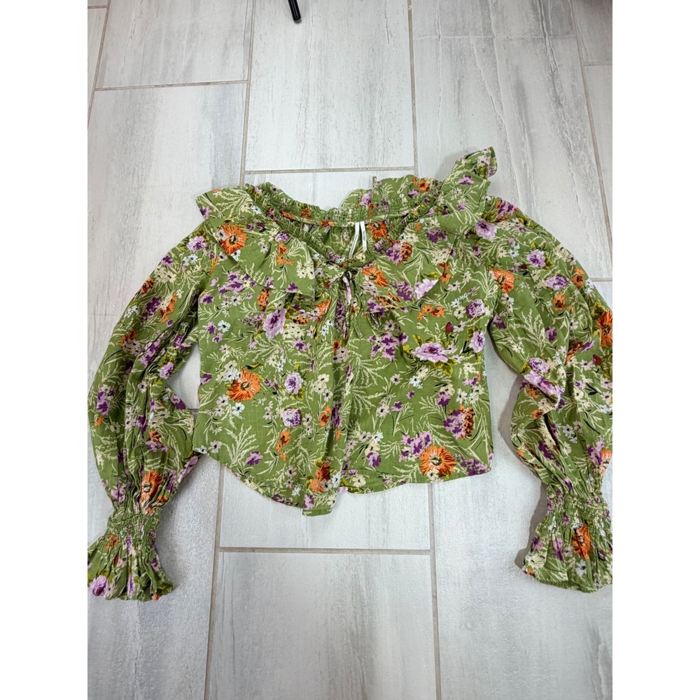 Anthropologie Green Floral Ruffle Neck Balloon Sleeve Cotton Blouse Small